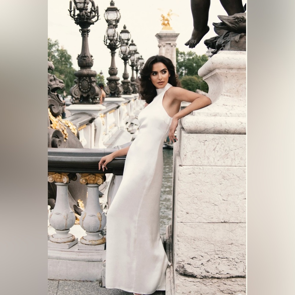 Meshki Claire Satin Drape Back Maxi Dress White XXS, Brand new with tags